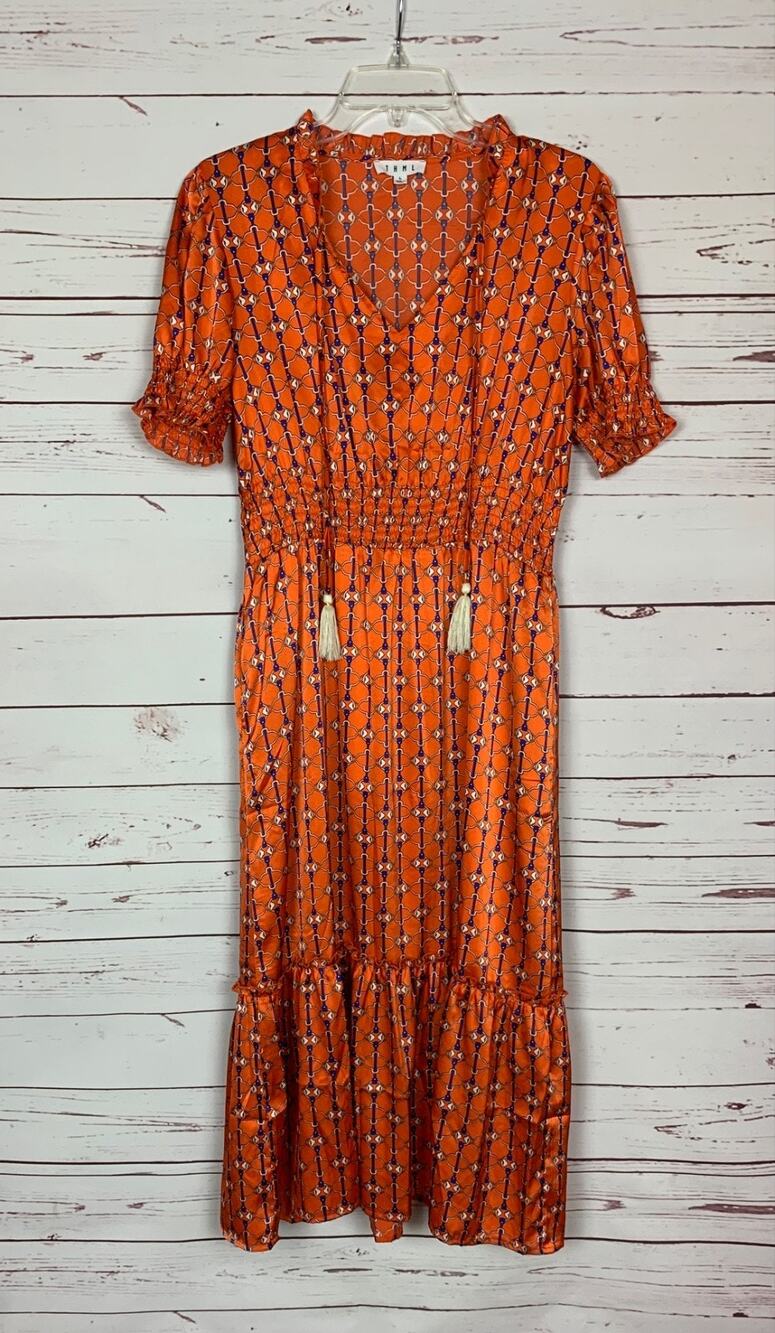 THML Anthropologie Women's L Large Orange Blue Shiny Short Sleeve Long Dress